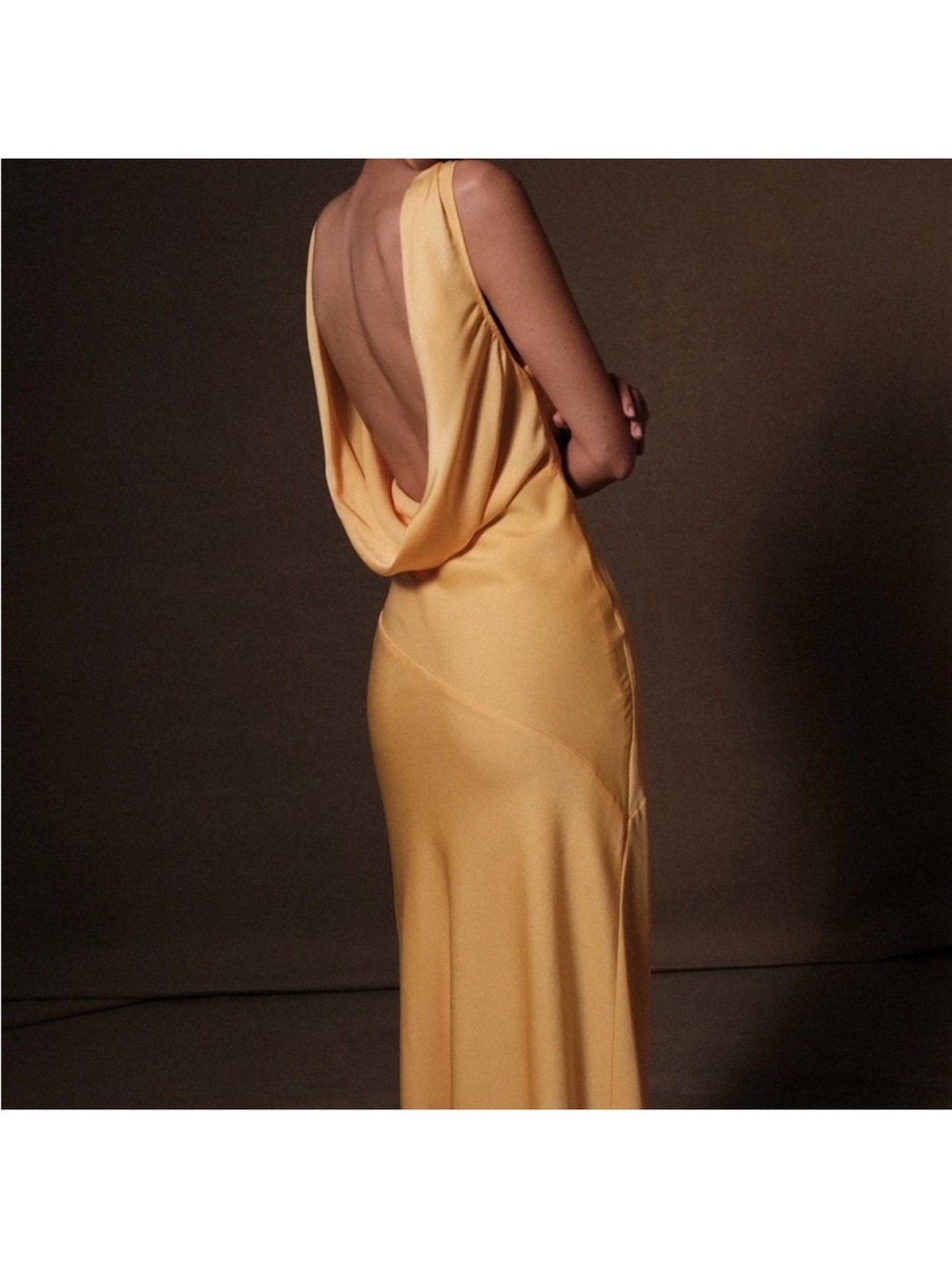 Meshki Elegant Yellow Cowl-Back Satin Evening Dress Nadia Maxi Satin